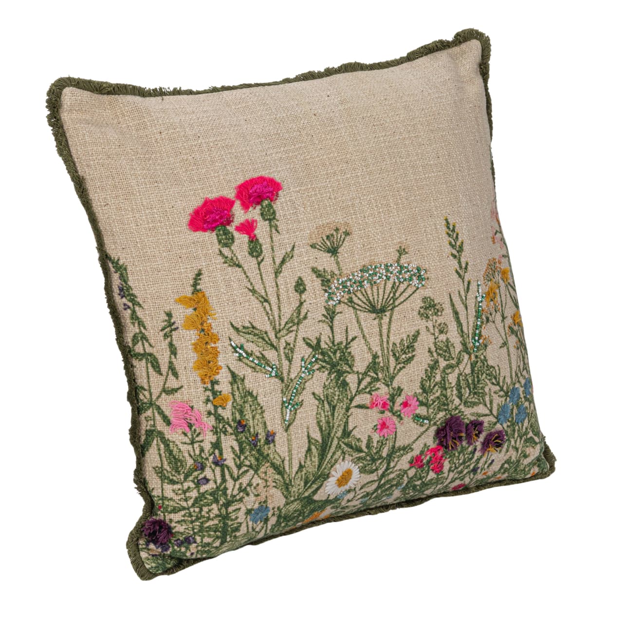 Hello Honey® 18" Multicolor Flower Embroidery, Beads & Lace Trim Cotton Slub Pillow